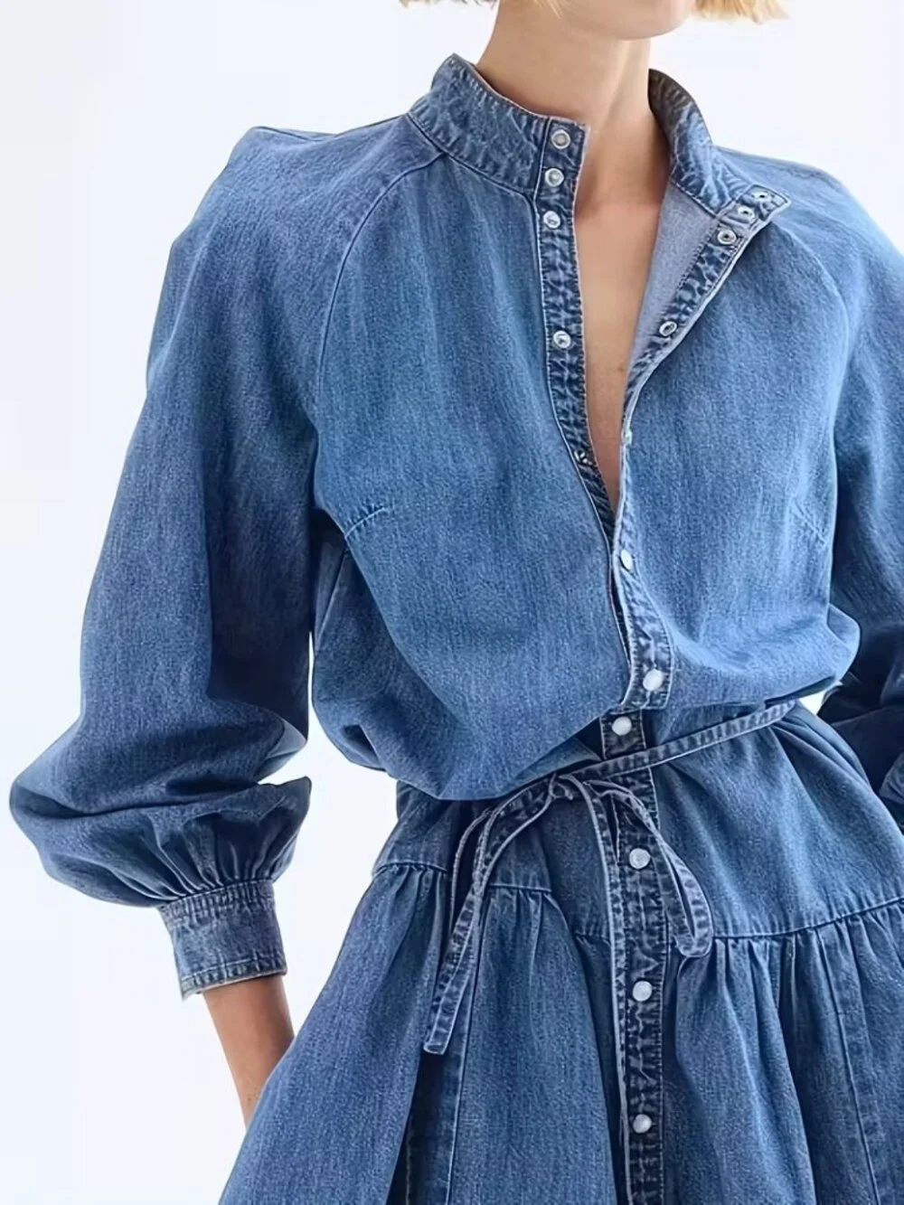 Lantern Sleeve Waist Tie Denim Dress - Picture 3 of 5